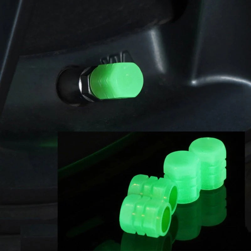 Car Luminous Tire Valve Caps (4pcs Set) – Glow-in-the-Dark, Universal Fit, Waterproof Valve Dust Covers for Cars & Bikes – UAE Auto Styling