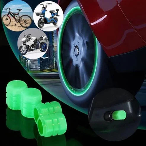 Car Luminous Tire Valve Caps (4pcs Set) – Glow-in-the-Dark, Universal Fit, Waterproof Valve Dust Covers for Cars & Bikes – UAE Auto Styling